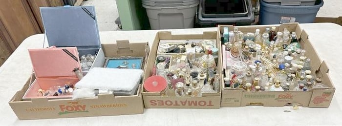 (3) trays of PERFUME small bottles and related, good lot for dealer to sort out, from Albany, N.Y.