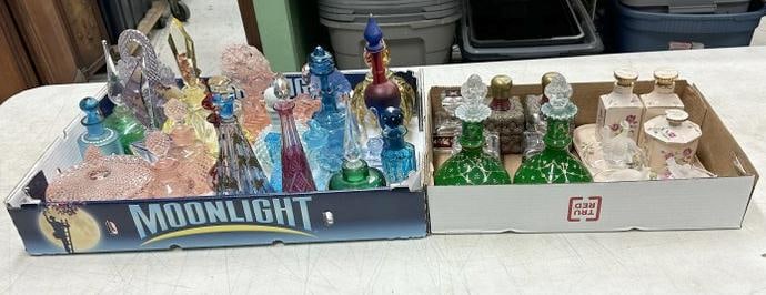 (2) boxes of PERFUME bottles and dresser sets, really nice lot for dealer to sort out, nice color,
