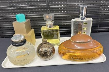 Lot of (6) PERFUME countertop display bottles, overall nice condition, largest measures 11" wide to