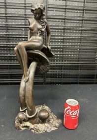 Vintage 21" high bronze of nude woman seated on mushrooms, signed illegibly as pictured, nice