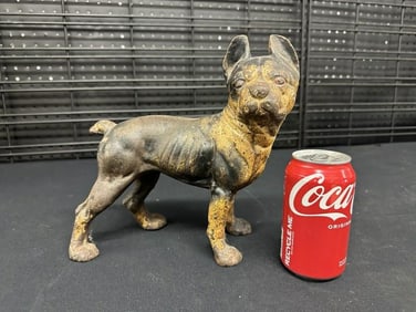 Antique BOSTON TERRIER cast iron doorstop, worn finish, retains quite a bit of original paint,