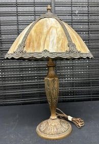 Circa 1910 slag glass panel table lamp, ( missing (2) panels & (1) panel with hairline cracks ), &