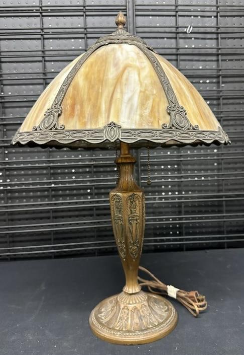 Circa 1910 slag glass panel table lamp, ( missing (2) panels & (1) panel with hairline cracks ), & (1 of 5)