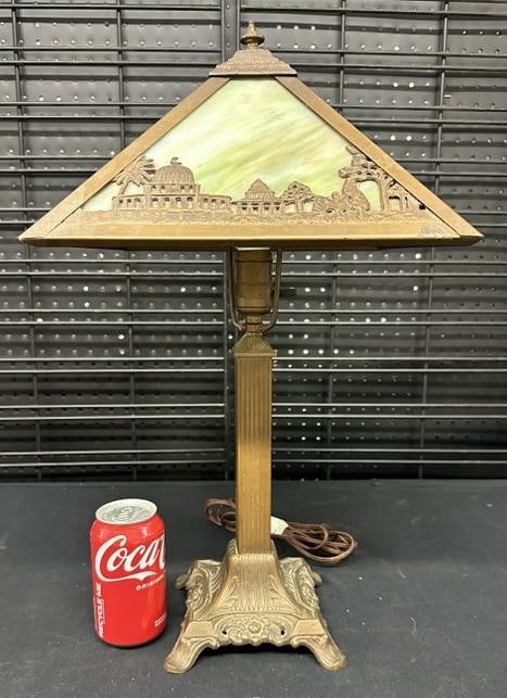 Circa 1910 slag glass panel lamp with Ottoman Islamic Architecture details around the shade, nice as: Circa 1910 slag glass panel lamp with Ottoman Islamic Architecture details around the shade, nice as found estate condition, measures approx. 21" high.