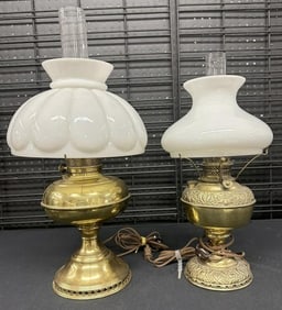 (2) brass base converted to electric oil lamps, with shades, ( one is a RAYO lamp ) from local