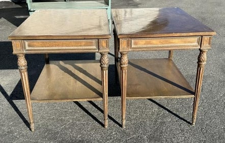 Wonderful pair of decorative end tables with inlay & parquet tops, great form, in nice structurally