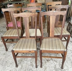 Set of (8) circal 1900 oak T back chairs, from local estate, structurally sound, different fabrics