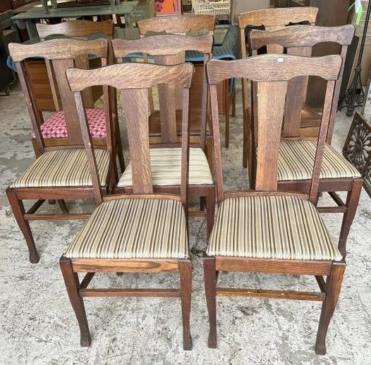 Set of (8) circal 1900 oak T back chairs, from local estate, structurally sound, different fabrics (1 of 1)