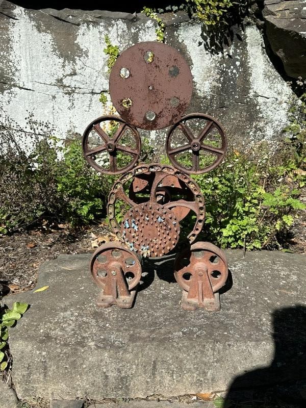 Maury Colow (1917-1993) Woodstock, NY Industrial abstract iron sculpture, measures 35.25" high x 19" (1 of 2)