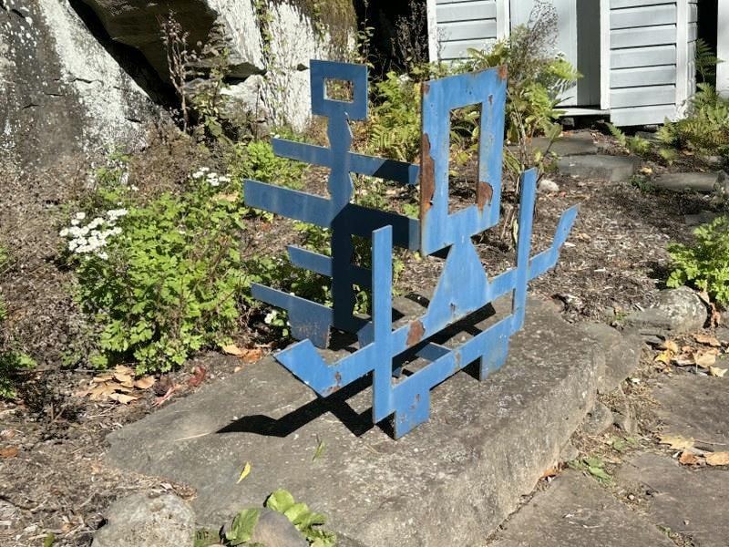 Maury Colow (1917-1993) Woodstock, N. Y. Chinese symbol steel garden scupture, measuring 30" high x: Maury Colow (1917-1993) Woodstock, N. Y. Chinese symbol steel garden scupture, measuring 30" high x 46" wide x 28.25" deep, directly from his Woodstock, N.Y. home and studio.