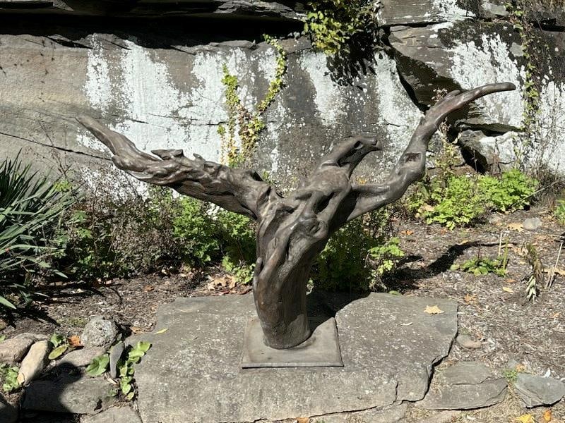 Maury Colow (1917-1993) Woodstock, N. Y. Folk Art Eagle sculpture from tree branch, wonderful form: Maury Colow (1917-1993) Woodstock, N. Y. Folk Art Eagle sculpture from tree branch, wonderful form and patina, on steel base that swivels, measures 42" high x 71" wide x 20" deep, directly from his Wo