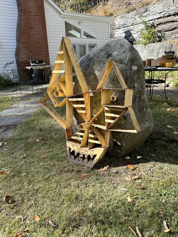 Maury Colow (1917-1993) Woodstock, N. Y. steel abstract face statue, measures 52.5" high x 50" wide (1 of 3)