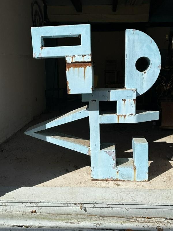 Maury Colow (1917-1993) Woodstock, N. Y. large steel geometric shaped steel sculpture, measures 54": Maury Colow (1917-1993) Woodstock, N. Y. large steel geometric shaped steel sculpture, measures 54" high x 49" wide x 15.25" deep. Directly from his garden at his estate and studio in Woodstock, N.Y.