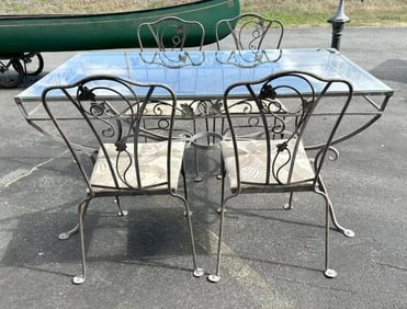 SALTERINI iron patio set, nice old patina, glass top in nice condition, as is the set. Table