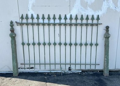 Architectural lot from barn in Hudson Valley, includes section of iron fence, and (2) posts, not