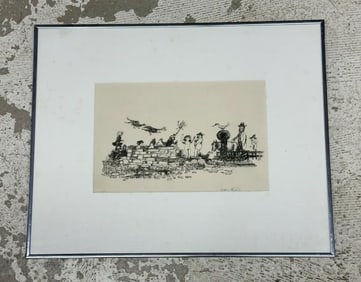 Eugene David Ludins (1904 - 1996) pen & ink drawing with people, nude women outside, possibly a