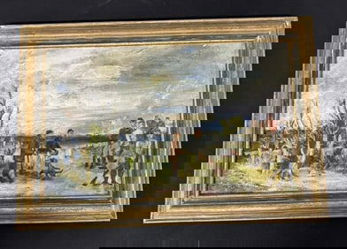 Eugene David Ludins (1904 - 1996) o/c impressionist landscape with Hunters, in frame of the period,