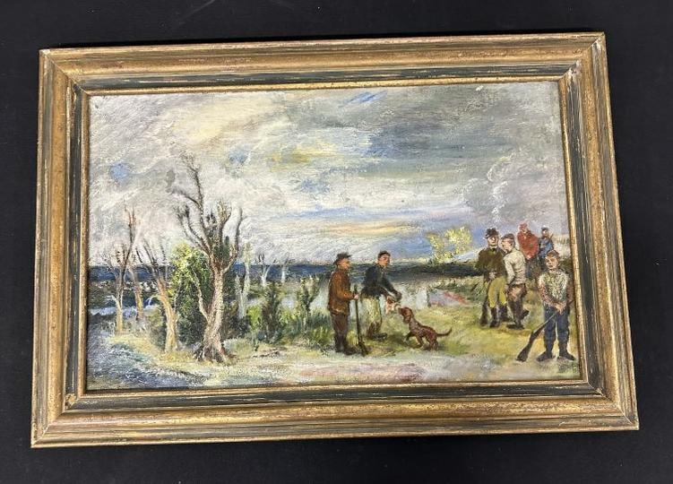 Eugene David Ludins (1904 - 1996) o/c impressionist landscape with Hunters, in frame of the period, (1 of 4)