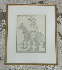 Anton van Dalen (1938 - 2024) signed pencil drawing with skeleton and large dog like animal, signed