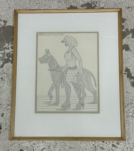 Anton van Dalen (1938 - 2024) signed pencil drawing with skeleton and large dog like animal, signed (1 of 4)