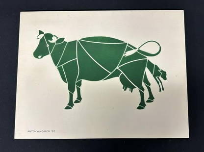 Anton van Dalen (1938 - 2024) painted Cow on board, signed and dated lower right ( 1982 ), ( looks: Anton van Dalen (1938 - 2024) painted Cow on board, signed and dated lower right ( 1982 ), ( looks like it was spray painted from stencil ?) Board measures 16" x 21". From Woodstock, N.Y. collection.