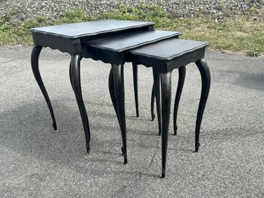 Nest of (3) heavy metal tables, black paint, nice form, structurally sound, from nice Hudson Valley