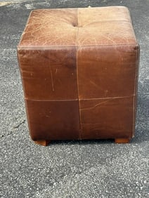 Contemporary brown leather ottoman, nice and clean, no damage, measures 17" high x 16" x 16", from