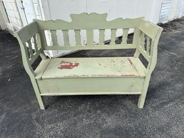 Green country lift top bench, was used on their covered front porch, had kindling inside, nice worn