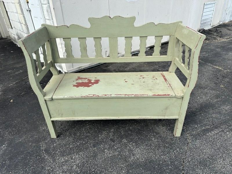 Green country lift top bench, was used on their covered front porch, had kindling inside, nice worn (1 of 3)