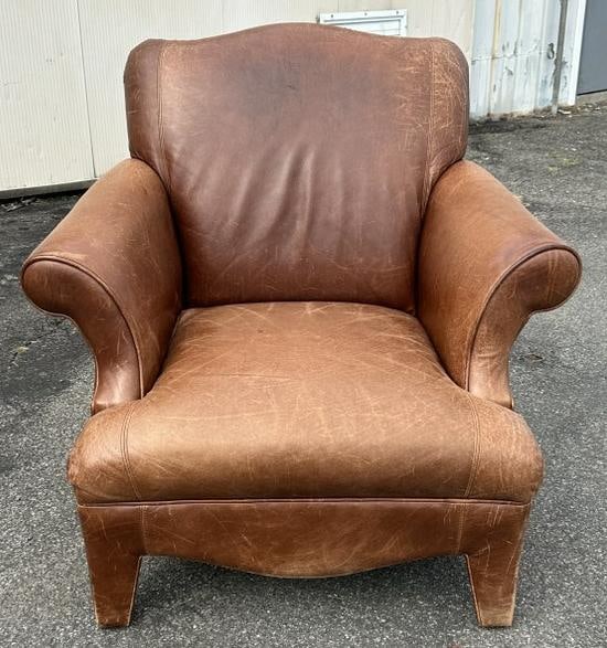 Leather club chair from nice Woodstock, N.Y. weekend home, has scratches on sides and back, no rips: Leather club chair from nice Woodstock, N.Y. weekend home, has scratches on sides and back, no rips or tears, nicely worn patina, and from nice clean non smoking home. Measures approx. 38" wide x 24" 