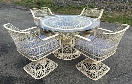 Vintage RUSSELL WOODARD woven fiberglass round glass top table and (4) armchairs with cushions, from
