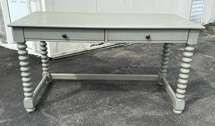 Contemporary (2) drawer desk, with nice gray paint, has a country feel with spool legs, structurally (1 of 2)