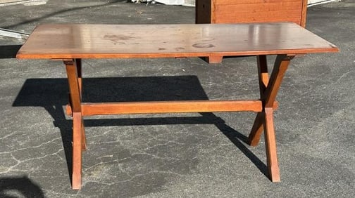 HEYWOOD-WAKEFIELD maple saw buck base dining table, from Hudson Valley estate, has wear spots on