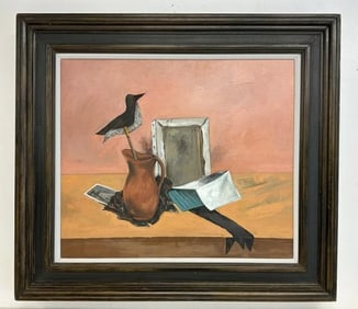 Karl Eugene Fortess (1907 - 1993) o/c still life titled ( PINK STILL LIFE ), painted in 1984. From