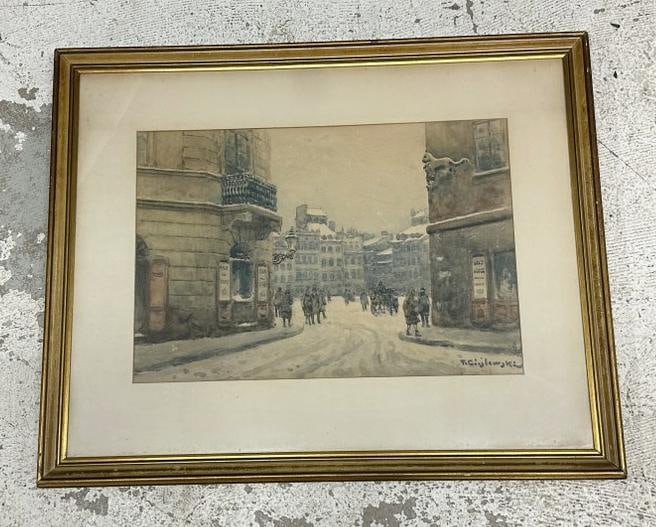 Thaddaus Cieslewski I (1870 - 1956) Winter street scene, most likely Poland (? ), signed lower: Thaddaus Cieslewski I (1870 - 1956) Winter street scene, most likely Poland (? ), signed lower right, in nice condition. Painting measures 15" x 21", the frame measures 24.5" x 30.5".