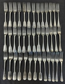 (39) early sterling dinner forks, some match, some are close, some with monograms of animals on