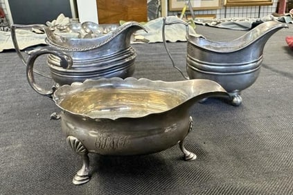 (3) pcs. Early sterling includes (small gravy boat ) and 2 creamers…hallmarks as pictured. The