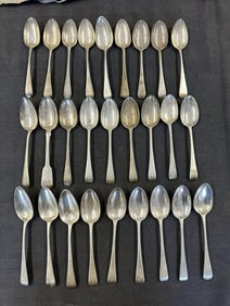(27) large early spoons, some matching, some close, all monogrammed on handle tops, some with