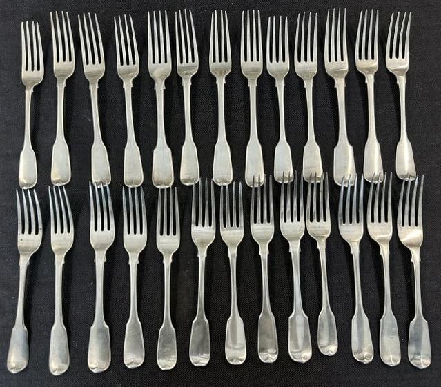 (27) early sterling silver fiddle dessert forks, similar pattern, some matching, some close, approx. (1 of 8)