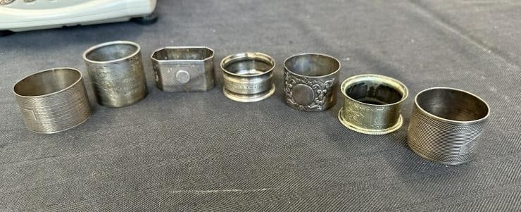(7) sterling silver different napkin rings, total weight is ( 5.89 troy ounces ). From Hudson: (7) sterling silver different napkin rings, total weight is ( 5.89 troy ounces ). From Hudson Valley estate collection of 18th & 19th century silver, her Mother purchased most of it at Sotheby's in Lo