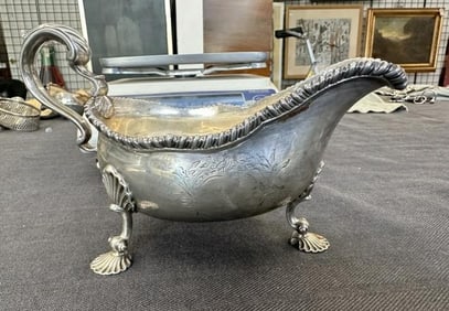 Georgian sterling gravy boat in nice condition, hallmarks as pictured, measures 7.75" across, weighs