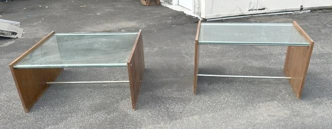 2 Mid century walnut with glass top tables, possibly made by Knoll, structurally sound with some