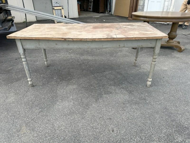 Country farm work table with replaced top, nice old gray paint on base, just as we found it in the (1 of 3)