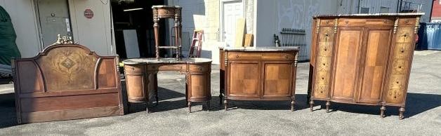 6 Piece satinwood inlaid marble top bedroom set, from estate in Hudson Valley, has faux bronze