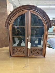 Rosewood hanging Asian inspired cabinet, measures 25.5"H x 19.5"W x 9" D, has 2 adjustable shelves