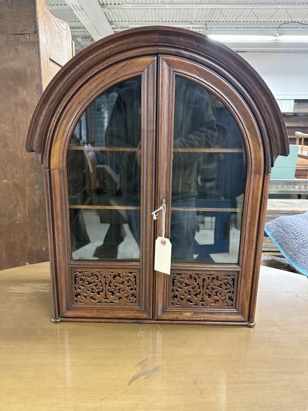 Rosewood hanging Asian inspired cabinet, measures 25.5"H x 19.5"W x 9" D, has 2 adjustable shelves (1 of 6)