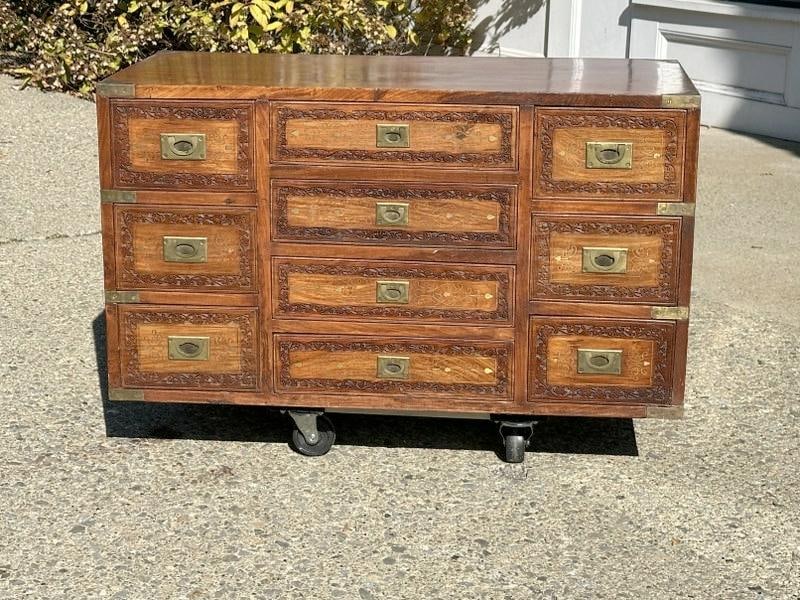 Asian 10 drawer campaign chest with brass inlay on all drawers, nice hardwood, original finish, has (1 of 5)