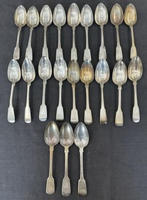 (21) early fiddle large spoons, ( some match and some are similar patterns ), each measures approx.
