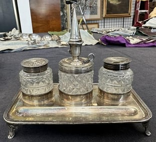 Very nice early silver inkwell and pen stand, nice overall condition, hallmarked in different