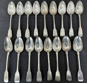 (17) large early sterling fiddle spoons, similar patterns, (measure 9" long), hallmarks pictured,